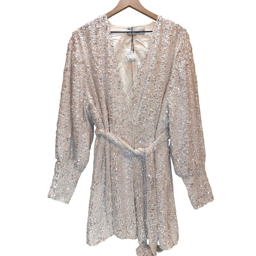 New ASOS EDITION Sequin Mini Dress Women 10 White Wrap Long Sleeve Tie Wedding